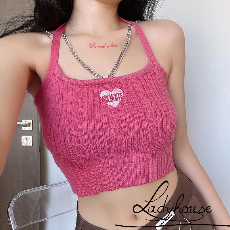 Áo Croptop Dệt Kim Hai Dây Không Tay Thêu Họa Tiết Trái Tim Thời Trang Mùa Hè Cho Nữ