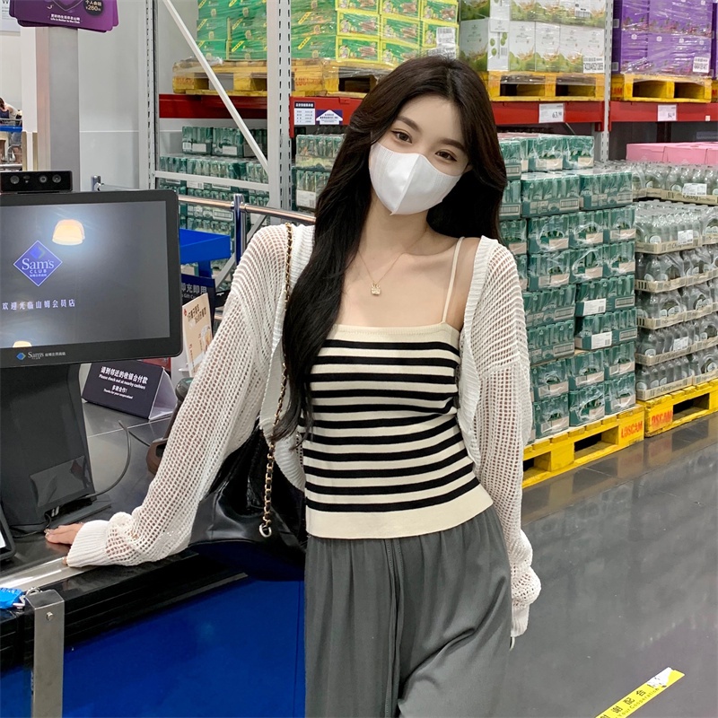 Áo Hai Dây Dệt Kim Kẻ Sọc Nhỏ Thời Trang Mùa Hè Cho Nữ