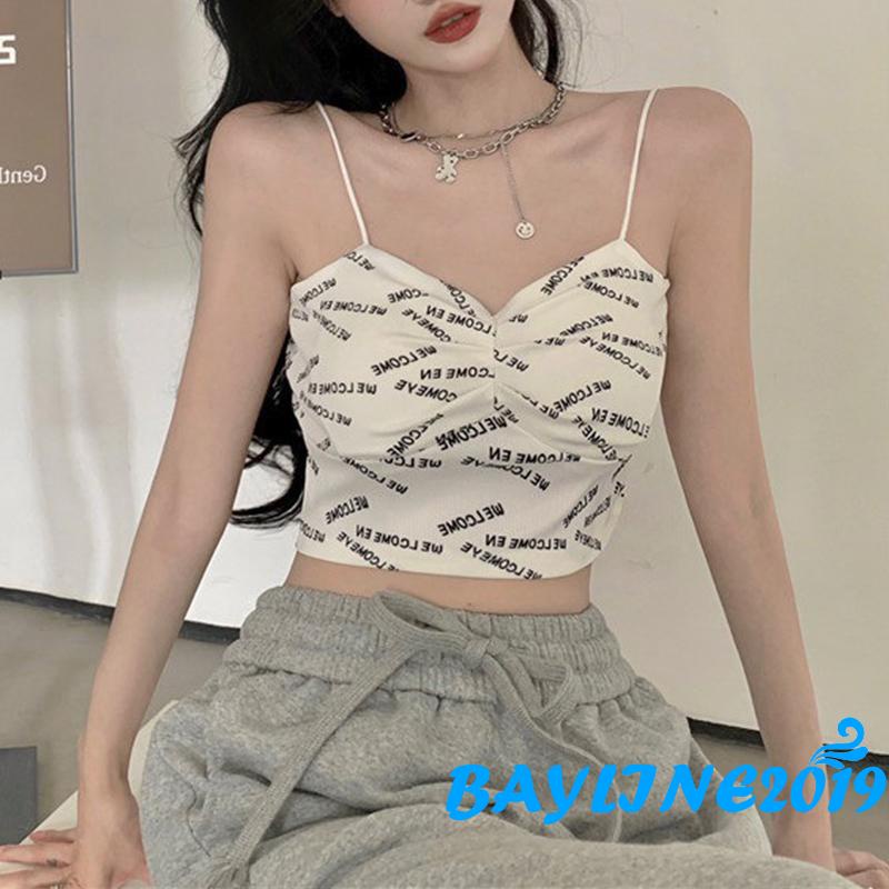 Áo lửng hai dây cổ chữ V họa tiết chữ độc đáo phong cách quyến rũ cho nữ