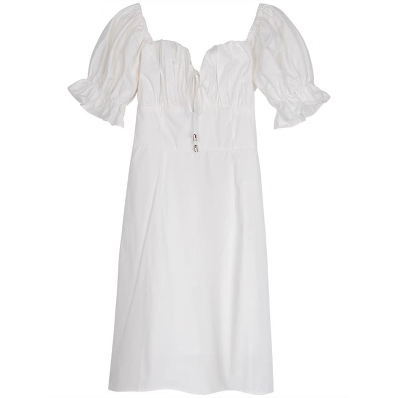 🖤Váy bánh bèo trắng thô tay phồng đầm thư cổ vuông thắt dây ngực dạo phố xinh xắn ulzzang vintage retro dễ thương