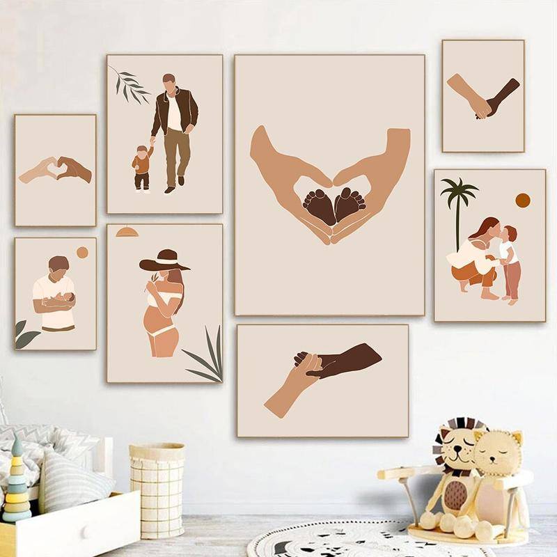 Tranh Vải Bạt Treo Tường In Hình Gia Đình Bố Mẹ Phong Cách Boho Trang Trí Nhà Cửa
