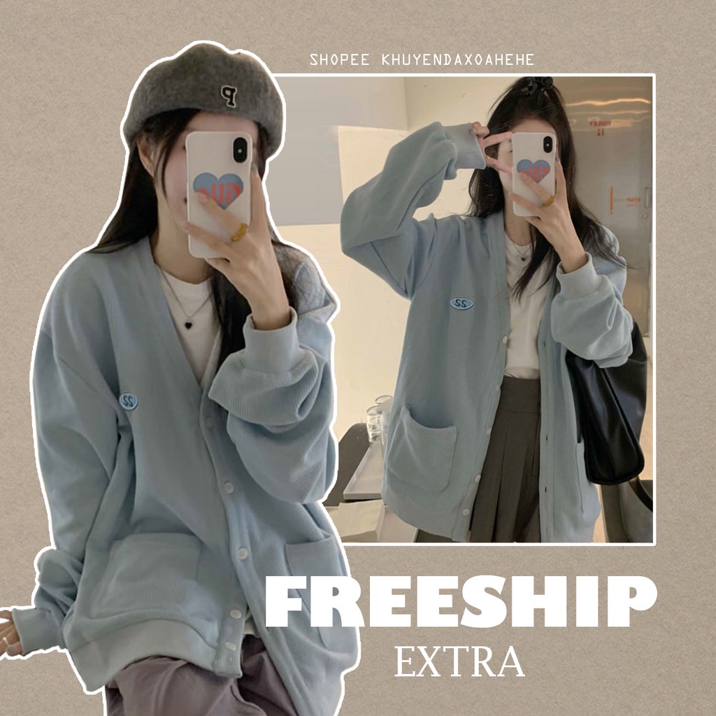 AK004 Áo cardigan xanh form rộng ulzzang cài cúc tay bồng,áo khoác nỉ nữ dài tay Hàn Quốc cổ V tiểu thư bánh bèo nữ tính