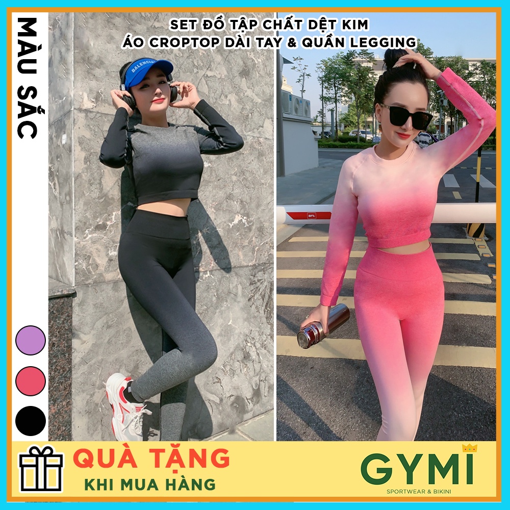 Set bộ đồ tập gym yoga nữ GYMI SET19 gồm áo croptop dài tay và quần legging thể thao chất dệt kim phối màu loang