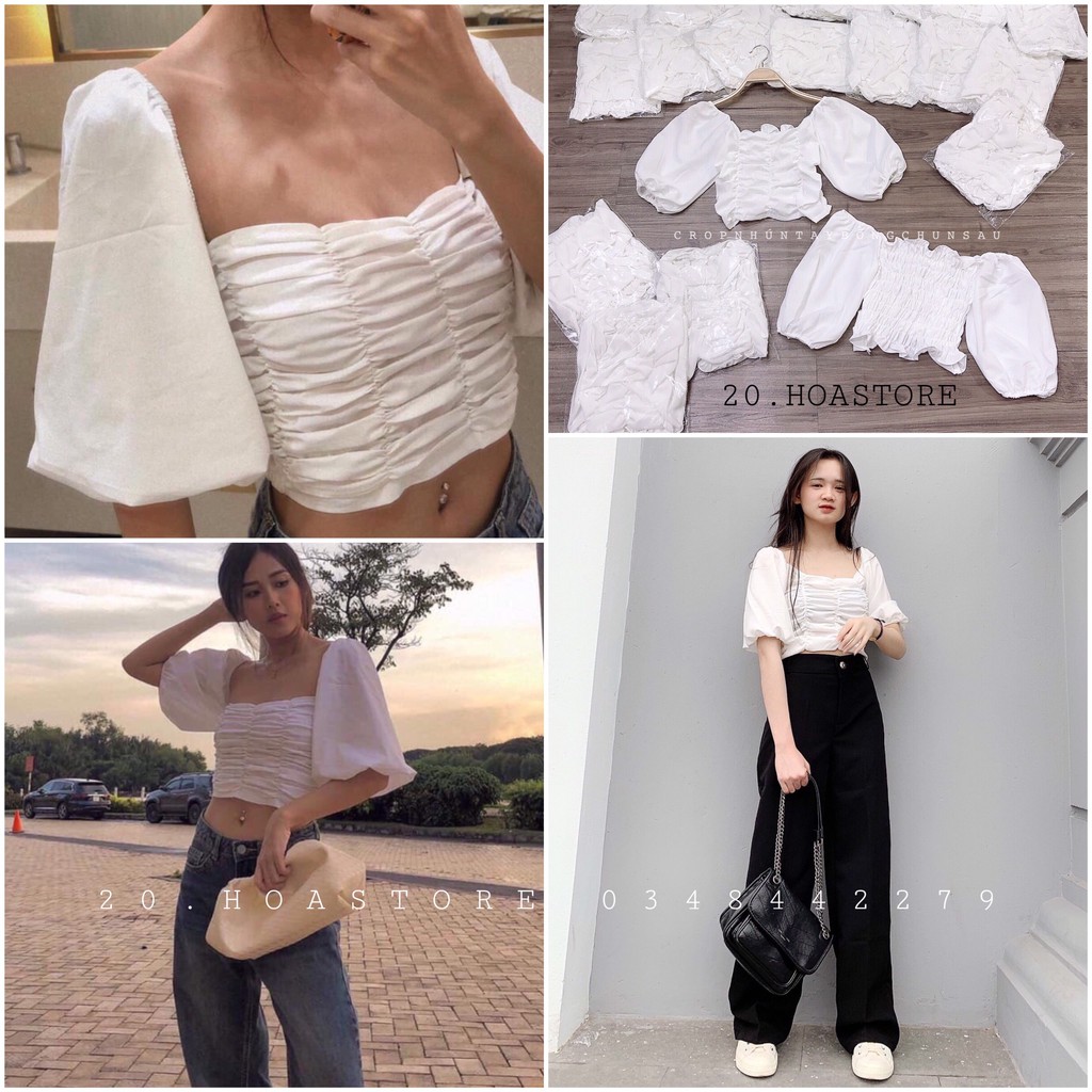 ÁO KIỂU CROPTOP CHUN NGỰC TAY PHÔNG ULZZANG MẶC 2 KIỂU MÀU TRẮNG ULZZANG
