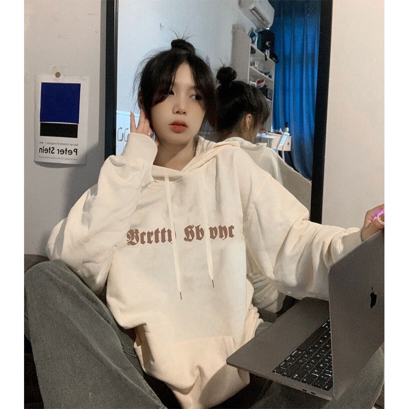 NRVP Áo hoodie tay dài dáng rộng in họa tiết phong cách Hàn Quốc dành cho nam và nữ