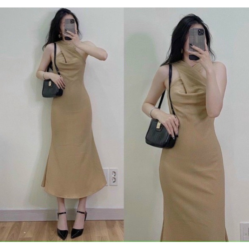 Đầm body cổ yếm chéo to không tay vải xốp nhún dáng dài qua gối 3 màu | BigBuy360 - bigbuy360.vn