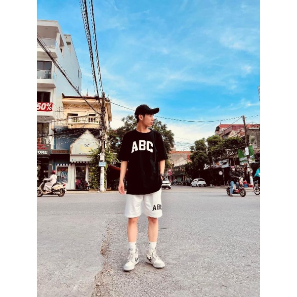 Sét đồ nam nữ Áo ABC unisex + quần short đùiChất cotton form thụng tay lỡForm &lt;55kg Bộ mặc nhà; đi chơi...