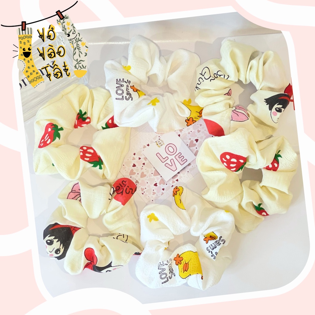 Buộc tóc scrunchies vải đũi xốp hoạt hình xinh xắn