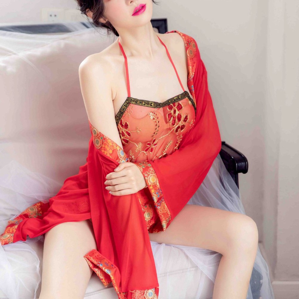 Váy Ngủ Nữ Yếm Đào Kèm Áo Choàng Đỏ Cosplay Cô Dâu Phi Tần Xưa Siêu Đẹp