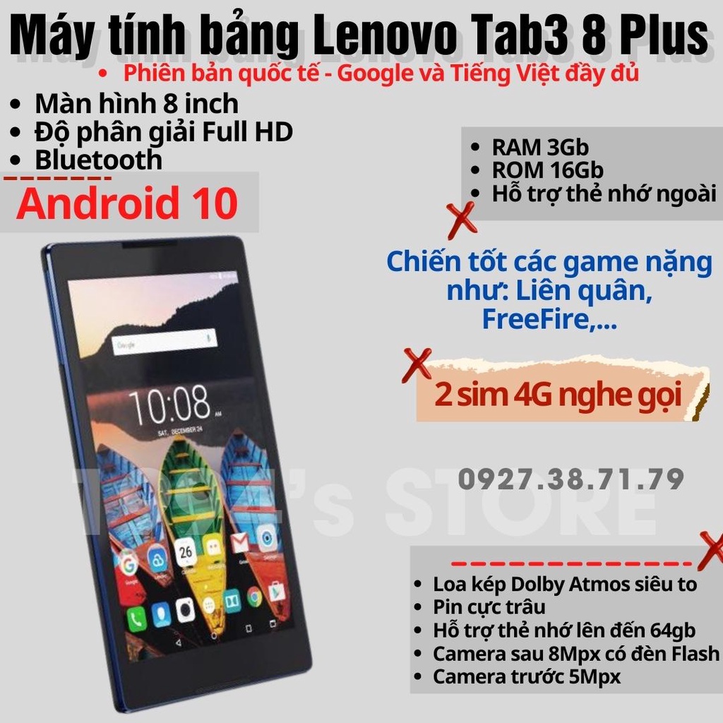 [Học Online - Chơi Game] Máy tính bảng Lenovo 8703 Lenovo Tab3 8 Plus - 2 Sim - RAM 3Gb - 2 Loa Dolby Atmos - Android 10