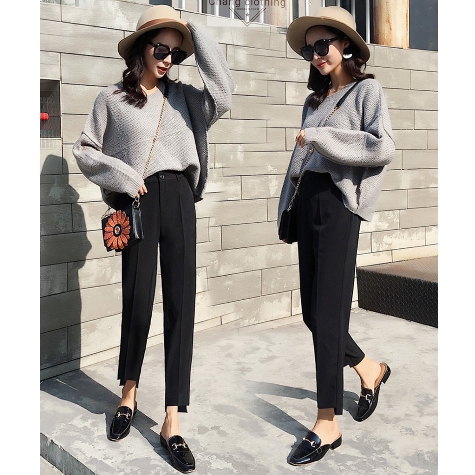 Quần tây baggy nữ lưng cao gấu lệch đi học sinh màu đen chất vải tuyết mưa trơn dáng dài Quần tây đen nữ công sở cạp cao