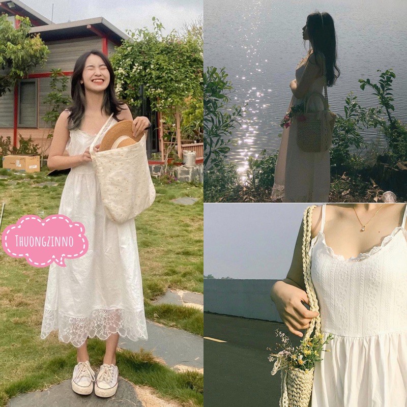 [Ảnh thật/Video]Váy hai dây New land Nàng Thơ vintage thêu hoa nhỏ Đầm hai dây dáng dài phối ren