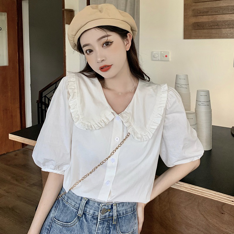 Áo Sơ Mi Tay Ngắn Phồng Cổ Búp Bê Màu Trơn Phong Cách Hàn Quốc Thời Trang Cho Nữ