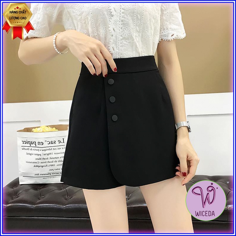 Quần giả váy cạp cao nữ Wiceda , quần đùi giả váy chất vải tuyết mưa màu đen dày dặn phối cúc trang trí QGV556