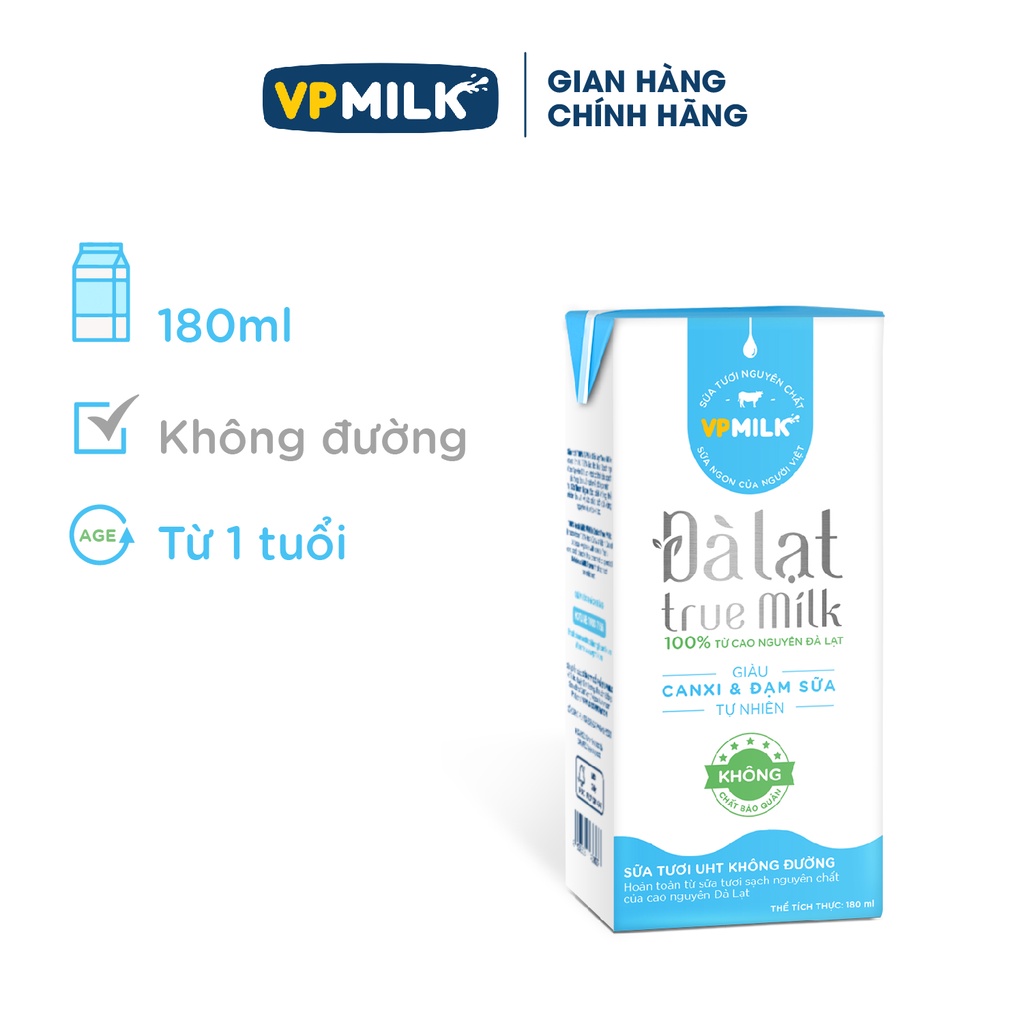 {6 lốc 180ml Không đường} Sữa Tươi Đà Lạt True Milk, Sữa Tươi Giàu Canxi, Đạm Sữa Tự Nhiên