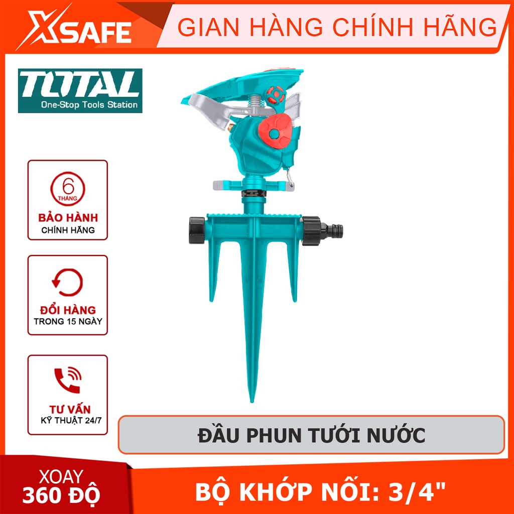 Đầu phun tưới 360 độ TOTAL THPS13601 Máy tưới nước bằng nhựa Kích thước 38*17,4*6,4cm, bộ khớp nối 3/4&quot;, 3 ty gài nhựa