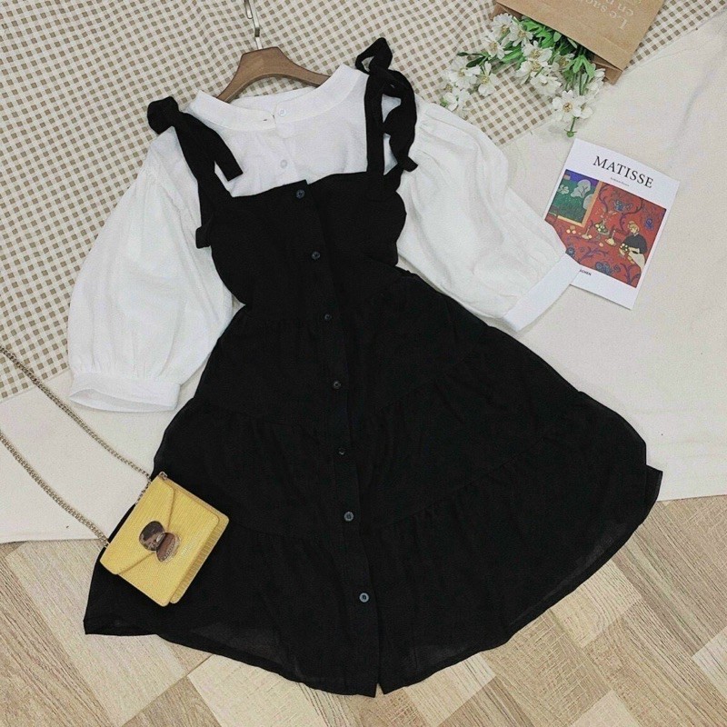 Set áo sơ mi và yếm 2 dây đen