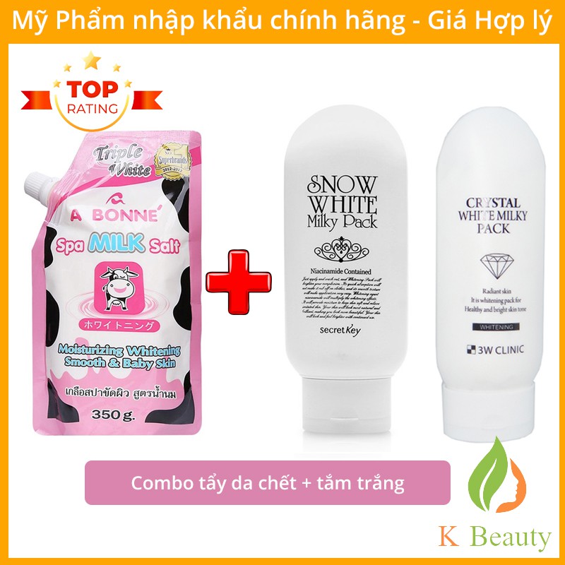 Combo Muối Tắm Sữa Bò Tẩy Tế Bào Chết A Bonne 350gr + Kem Dưỡng Trắng Da Milky Pack 200ml (Secrete Key hoặc 3W Clinic)