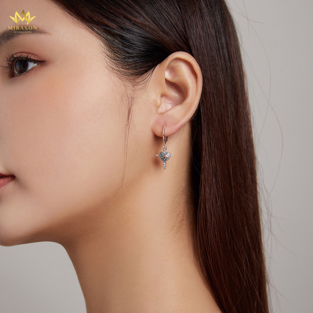 Khuyên Tai Bạc Nữ MIRASON Trái Tim Đinh Xuyên Đính Đá Họa Tiết Cá Tính MBT266 - Bông Tai Nữ Bạc 925 Cao Cấp