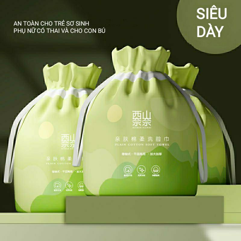 Khăn Mặt Khô Đa Năng Beibeirou Hữu Cơ Organic 100% Dùng Một Lần, Bông tẩy trang khô túi XANH NGỌC cotton dạng cuộn