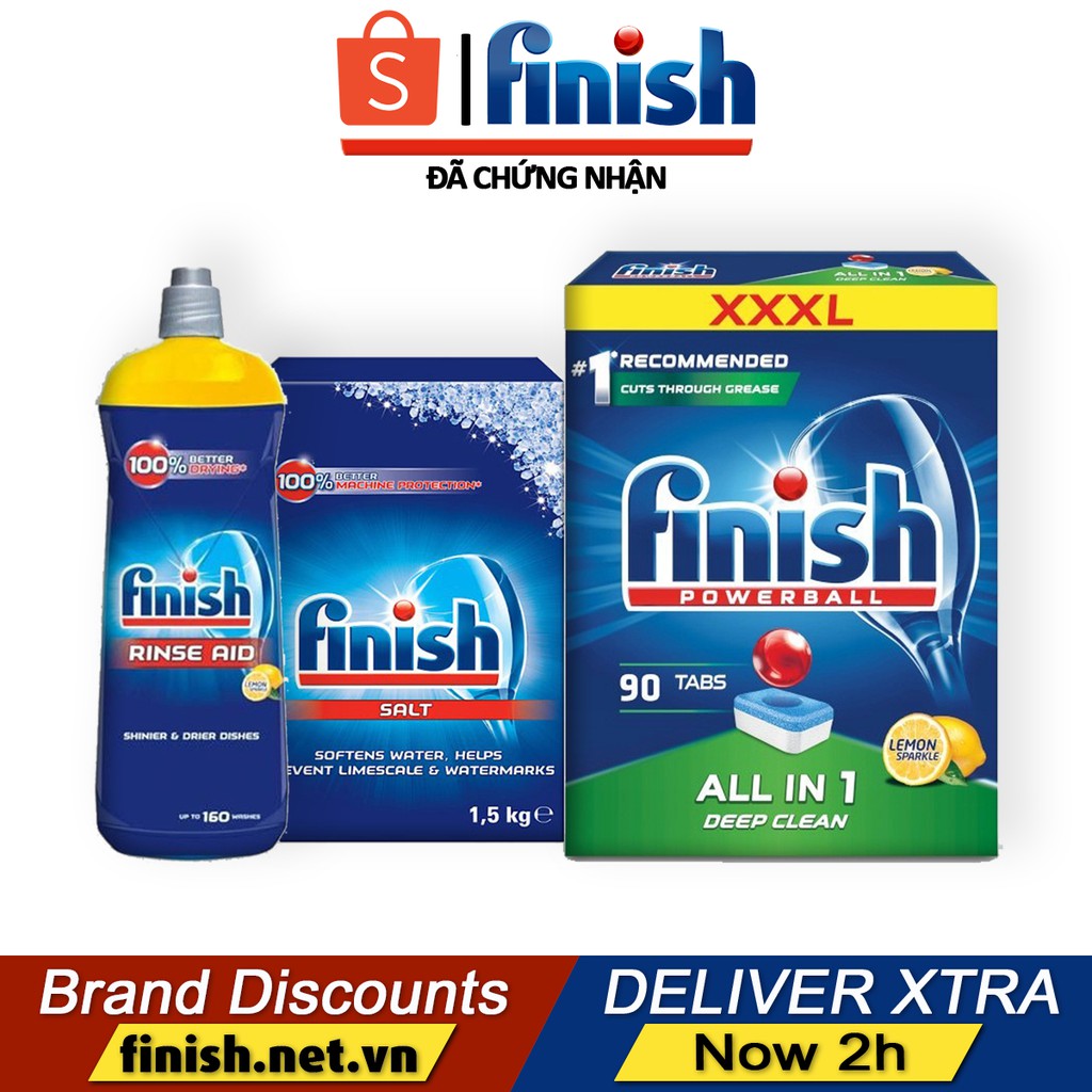 Combo rửa bát Finish Hộp All in one (100 viên hoặc 90 viên), Muối 1.5kg, Nước làm bóng 800ml