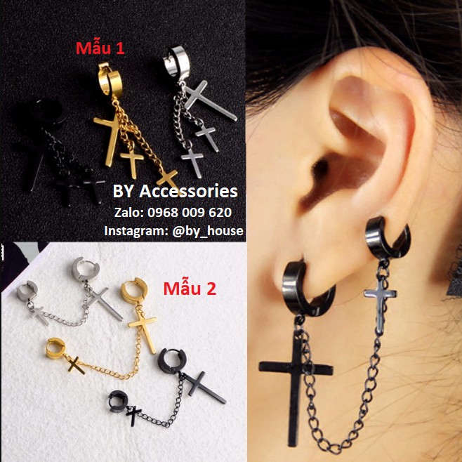 Khuyên tai inox thánh giá phối xích không đen không gỉ UE180301