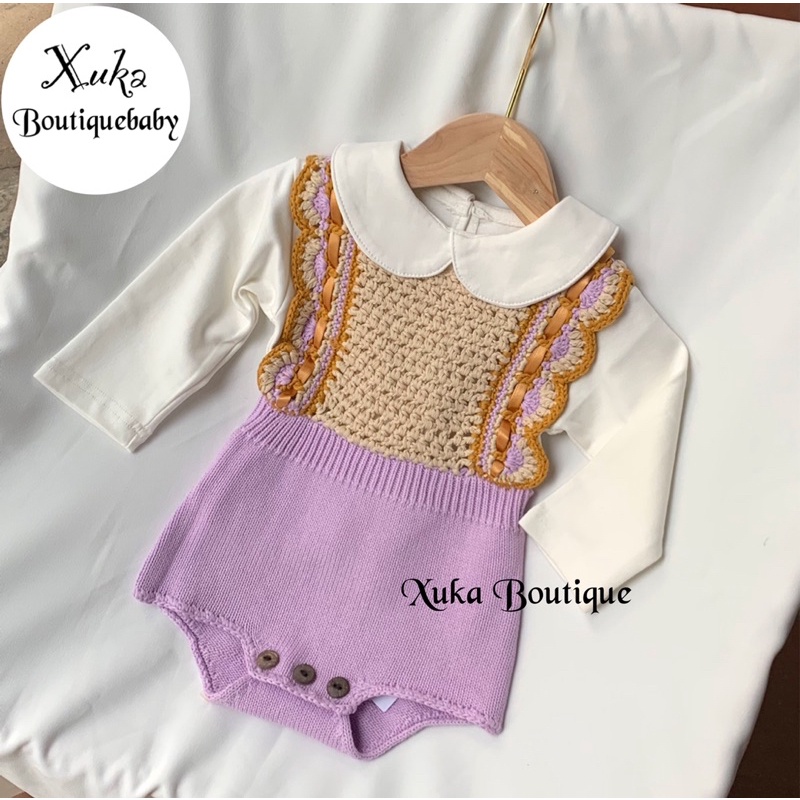 Yếm Len Bé Gái Màu tTím [Xuka Boutique] Bộ quần áo Len màu tím và áo thun cổ sen siêu xinh cho bé | Hàng QC Cao Cấp