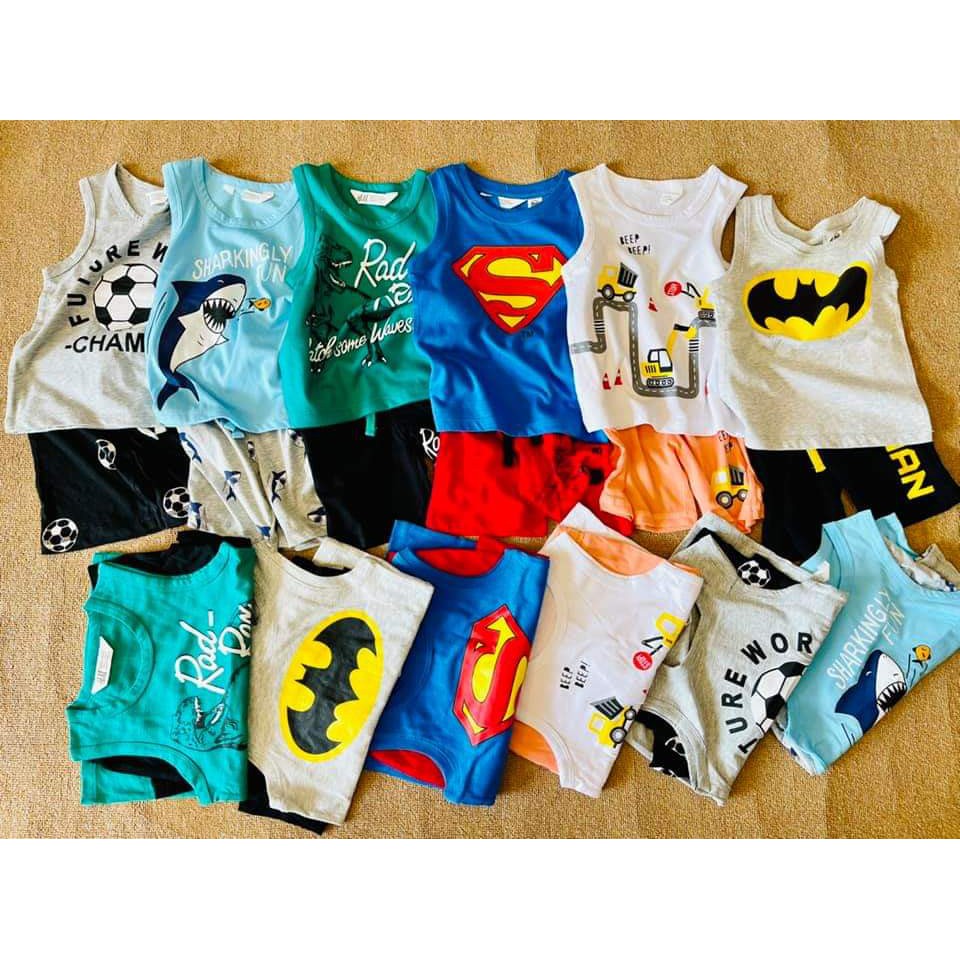 Set bộ ba lỗ bé trai Hm siêu nhân chất cotton mềm size 2-10 tuổi