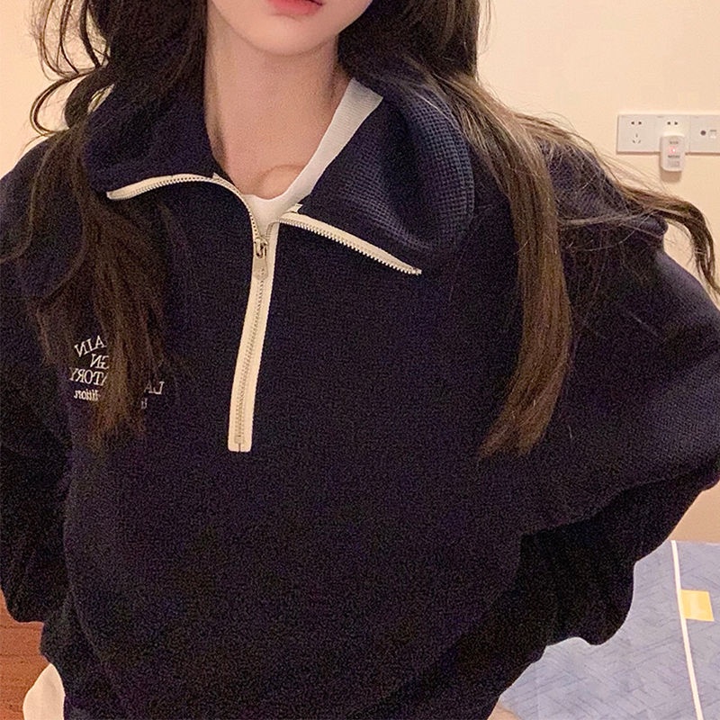 Áo Sweater cổ POLO dáng rộng thêu họa tiết phối khóa kéo nửa thời trang mùa thu phong cách Hàn Quốc mới cho nữ