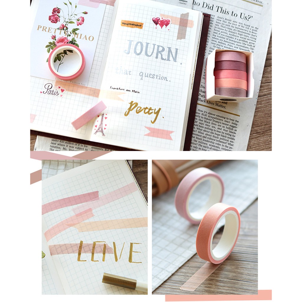 [Mã LIFEBOOK2 giảm 10% đơn 0Đ] Hộp 5 cuộn washi tape màu sắc cơ bản 9 mẫu tự chọn trang trí bullet journal