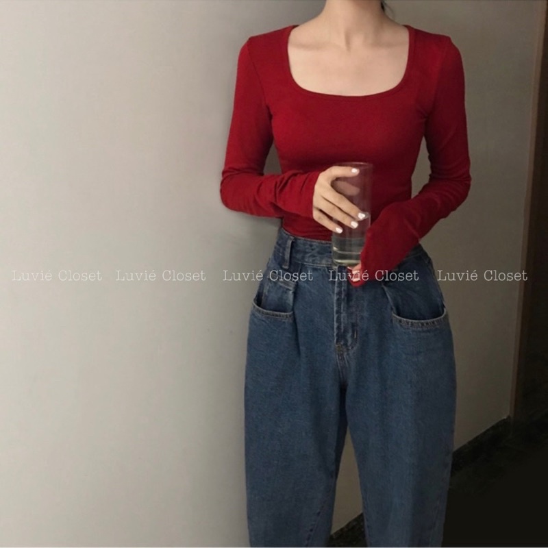 Áo Thun Croptop Màu Đỏ Vintage Cổ Vuông Tay Dài Đơn Giản Phong Cách Cổ Điển Cho Nữ Luviecloset