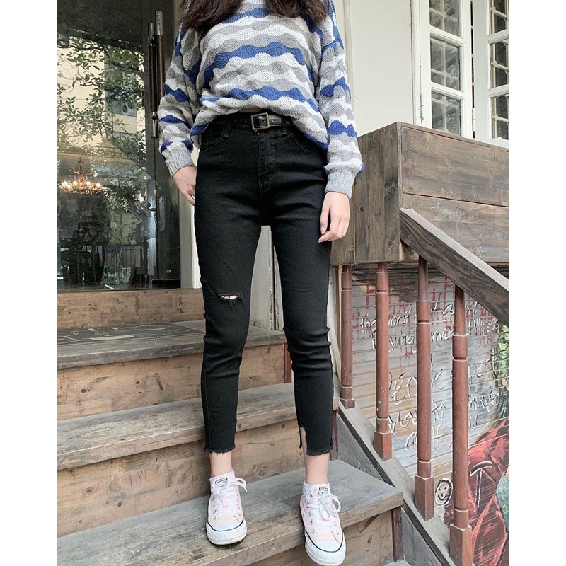 Quần skinny jeans đen rách S044