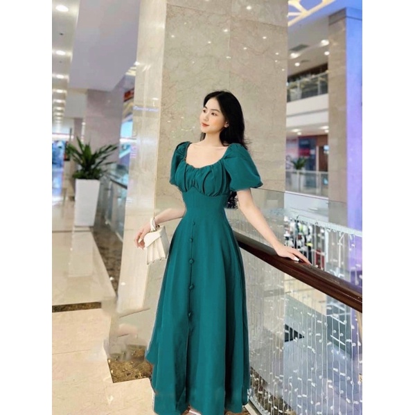 Đầm maxi nhíu ngực tay bồng xinh