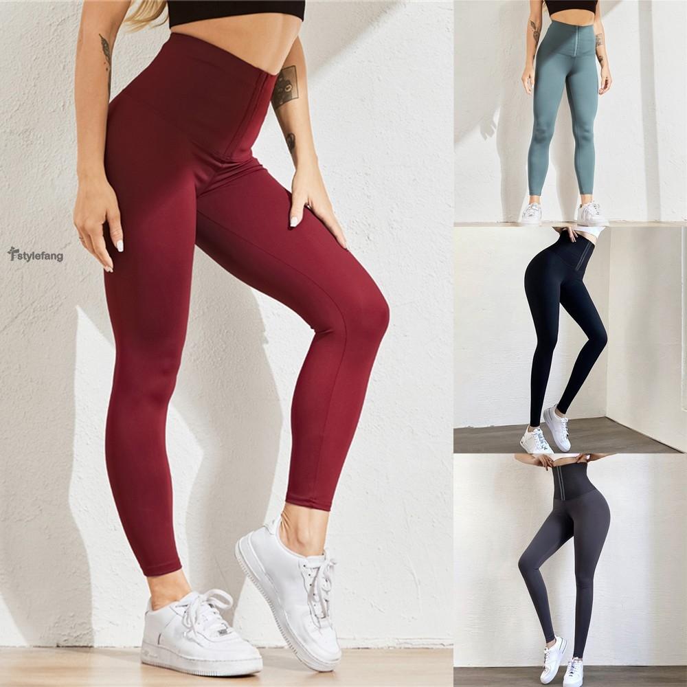 Quần legging thể thao lưng cao màu đỏ rượu/đen size S-XL
