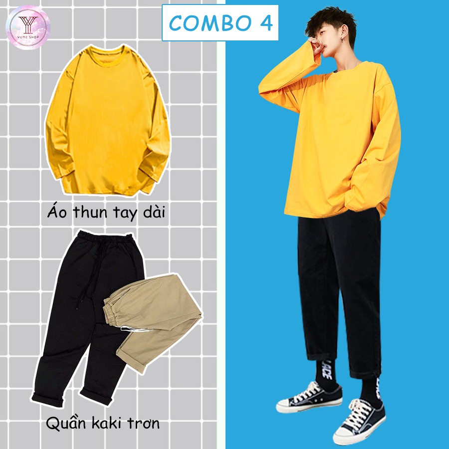 Combo Áo thun trơn + Quần baggy kaki trơn phong cách Basic