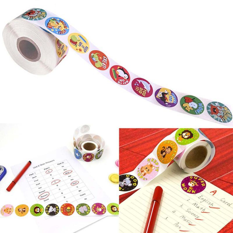 Cuộn 500 cái nhãn dán hình thú vật hoạt hình dễ thương làm điểm thưởng cho trẻ em học sinh trang trí sổ sách