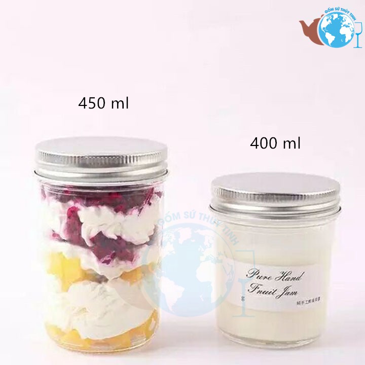 Hũ thủy tinh miệng lớn 450ml nắp thiếc đựng sữa chua, bánh plan, pudding, đựng các loại gia vị, lọ đựng thực phẩm