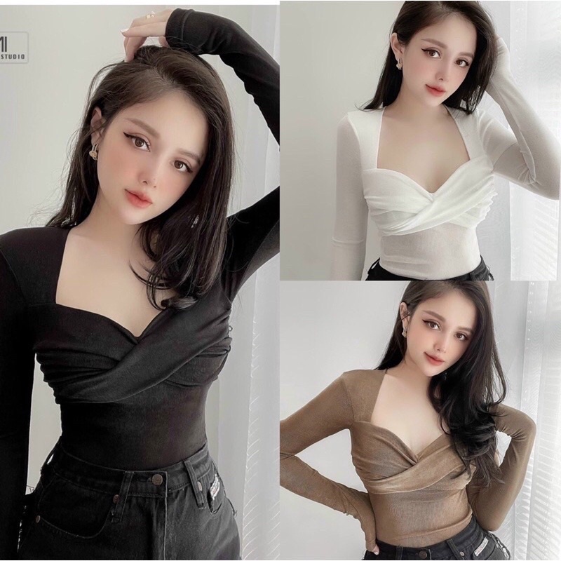 Áo thun croptop body Tay Dài xoắn ngực vải cotton A2191