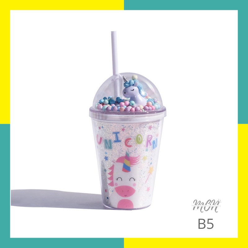 🌸sẵn🌸 Ly nước giữ nhiệt 2 lớp nhựa an toàn họa tiết unicorn hồng  - B5