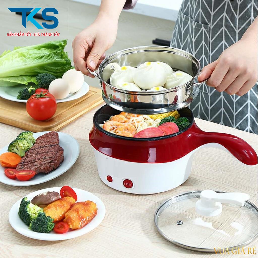 Nồi lẩu điện đa năng mini kèm giá hấp có tay cầm tiện dụng 18cm - TẶNG KHĂN LAU TAY