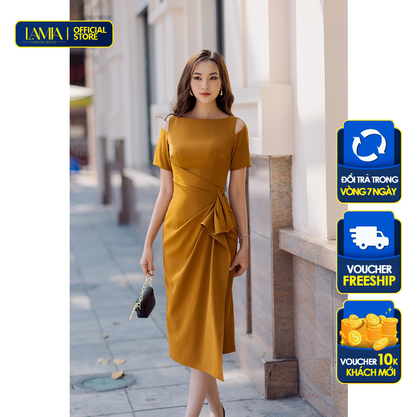 Đầm nữ Lamia Design LD144 màu nâu vàng kẹo phối vạt chèo ngang bèo nhún hình nơ