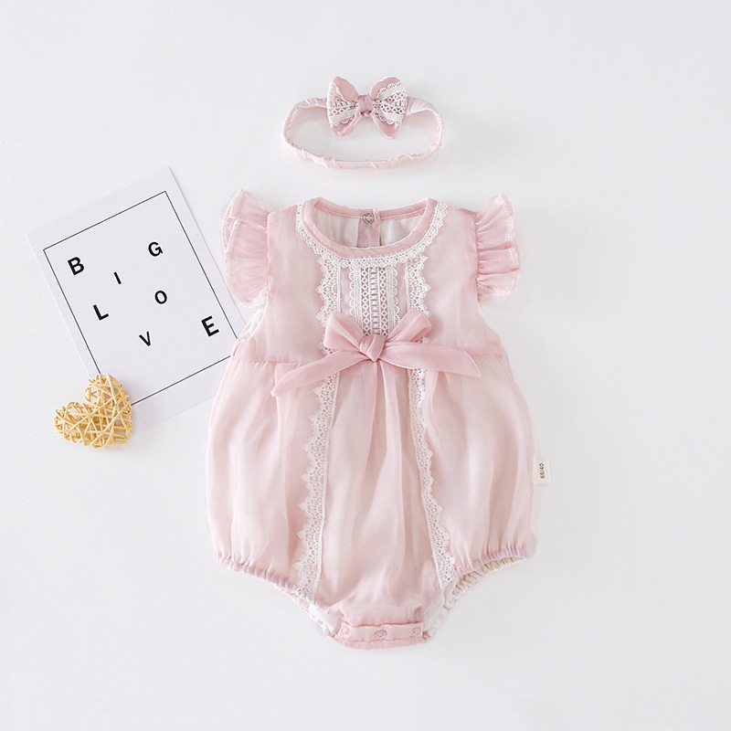 Bộ Áo Liền Quần Công Chúa Phối Ren Toàn Diện + Băng Đô Cài Tóc Xinh Xắn Cho Bé Gái