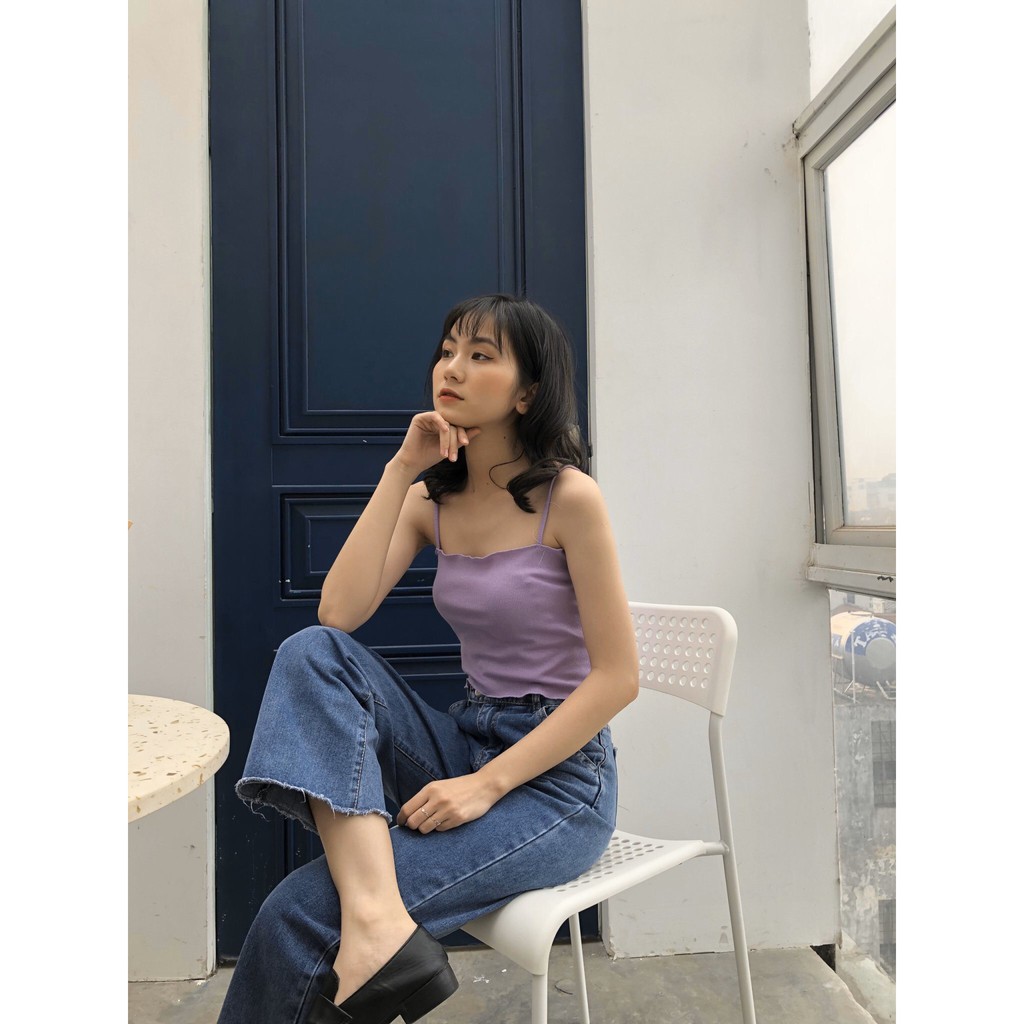 ÁO 2 DÂY LEN TĂM VIỀN BÈO VÀNG TÍM HỒNG ĐEN TRẮNG - CROPTOP CUỐN BIÊN ULZZANG | BigBuy360 - bigbuy360.vn