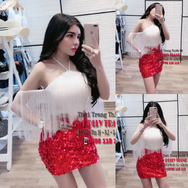 Đầm cổ yếm tua rua kim sa sexy