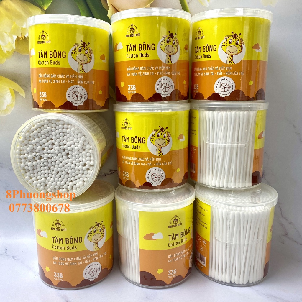 Tăm Bông 336 Que HỘP TRÒN XOAY Bông Bạch Tuyết Cotton Buds vệ sinh cho bé và người lớn