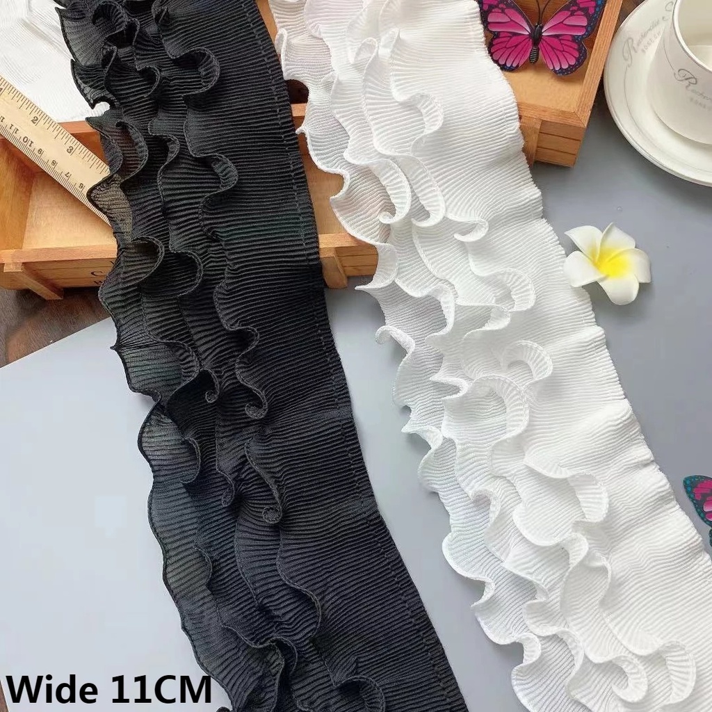 Vải Voan Bốn Lớp Rộng 11CM Xếp Ly Phối Ren Co Giãn Thêu Họa Tiết 3d Dùng May Đầm Guipure DIY