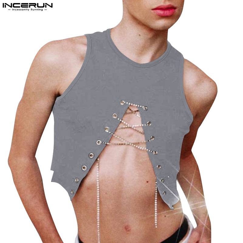 Áo croptop INCERUN sát nách màu trơn phối dây cột 3 màu sắc lựa chọn cho nam