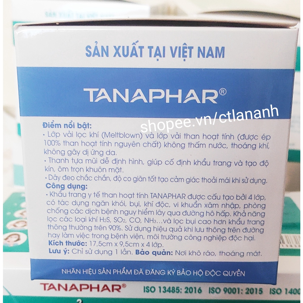 Khẩu trang y tế than hoạt tính TANAPHAR hộp 50 chiếc màu xám