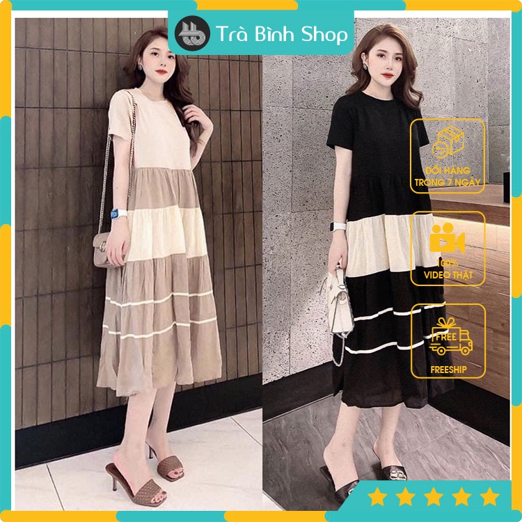 Đầm bầu 3 tầng phối viền trắng Váy đuôi cá ngắn tay freesize