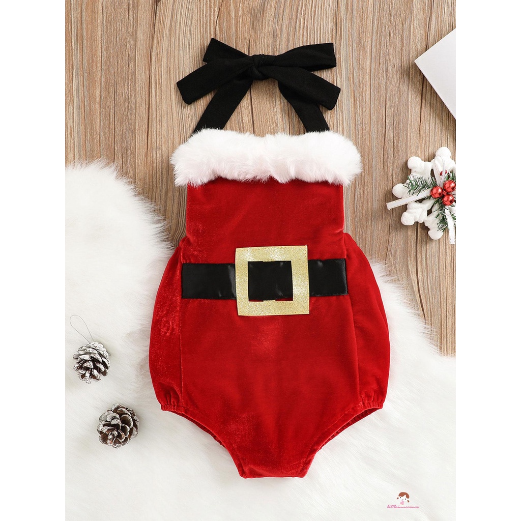 Bộ áo liền quần kèm dây thắt lưng họa tiết ông già noel dễ thương cho bé sơ sinh 7 tuổi